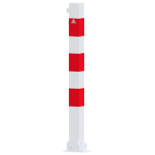 Barrier posts | Steel tube 70 x 70 mm | foldable, for padlock | to be fixed by plugswith base plate 100 x 150 mm | hot-dip galvanized and white coatedwith three red reflecting stripes | without eyelet